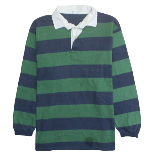 Marks and Spencer Mens Green Striped Long Sleeve Rugby Polo Shirt L
