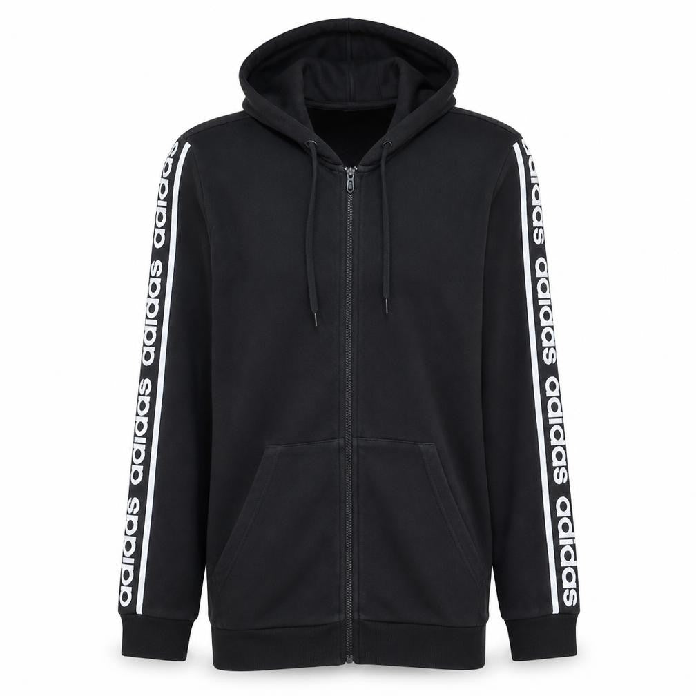 Front view of Adidas Men's Black Full Zip Hoodie, size L, Sports Fleece