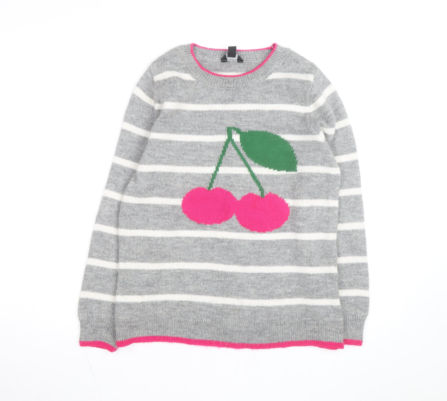 M&Co Women’s Grey Cherry Striped Pullover Jumper Size 10