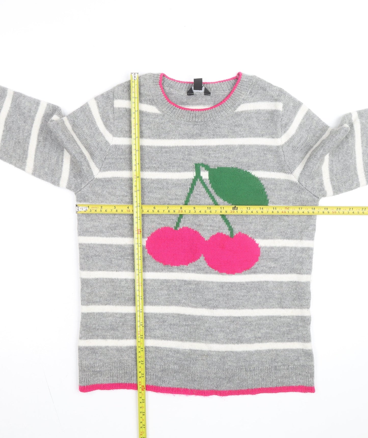 M&Co Women’s Grey Cherry Striped Pullover Jumper Size 10