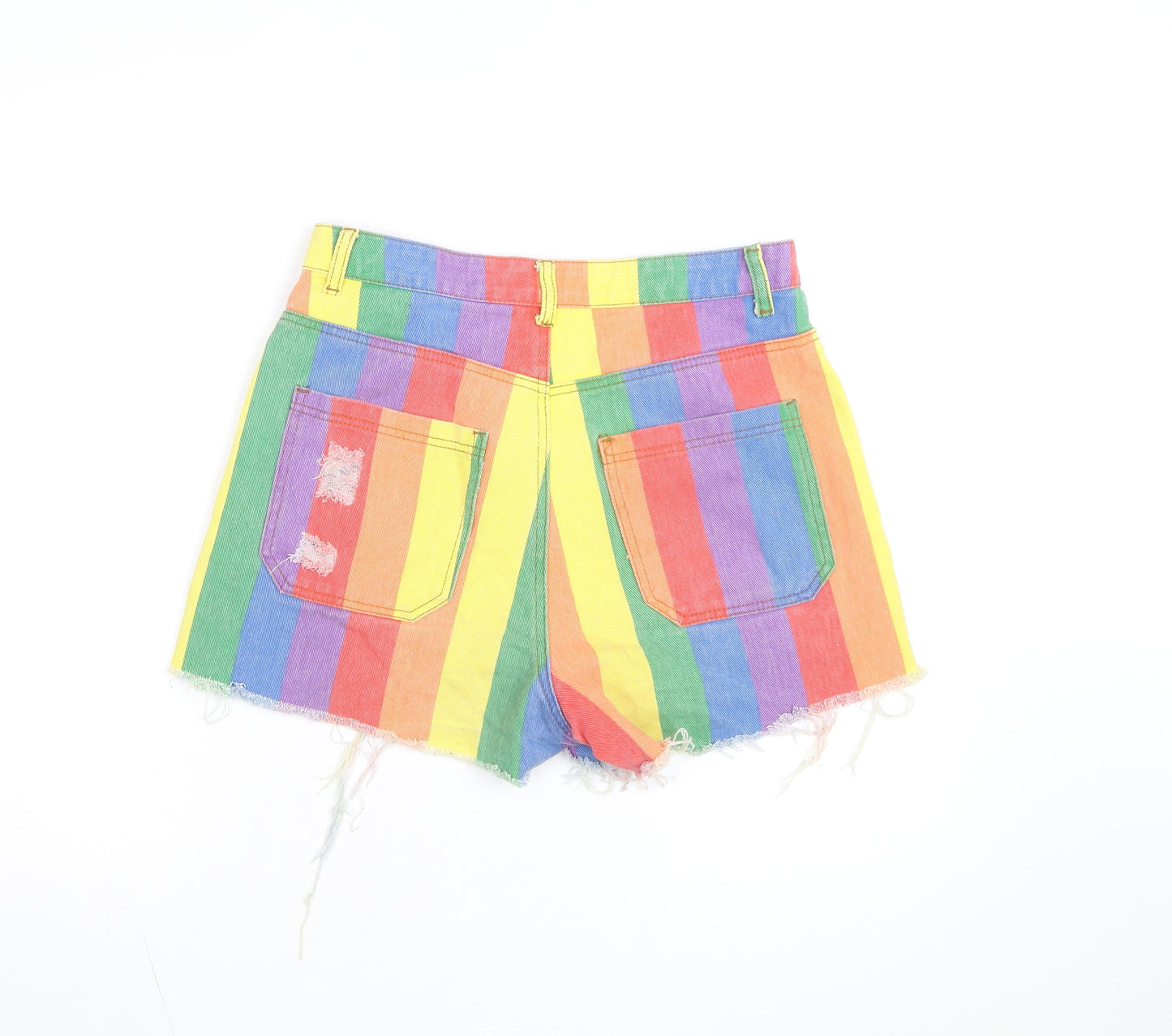 PrettyLittleThing Women’s Multicoloured Rainbow High-Waisted Cut-Off Denim Shorts Size 10