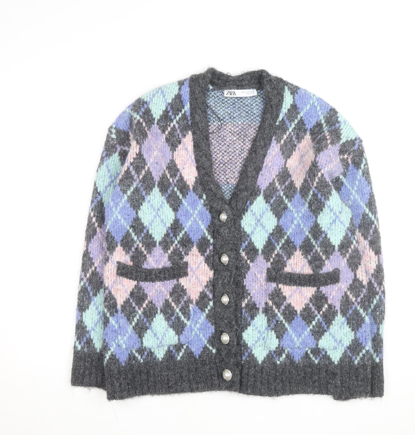 ZARA Womens Multicoloured Argyle Knit Cardigan Size S V-Neck Wool Blend