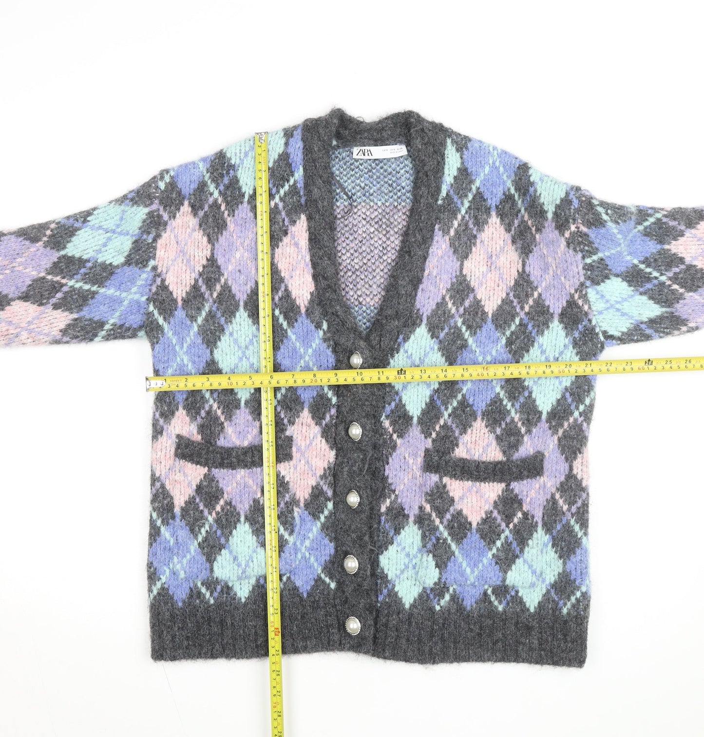 ZARA Womens Multicoloured Argyle Knit Cardigan Size S V-Neck Wool Blend