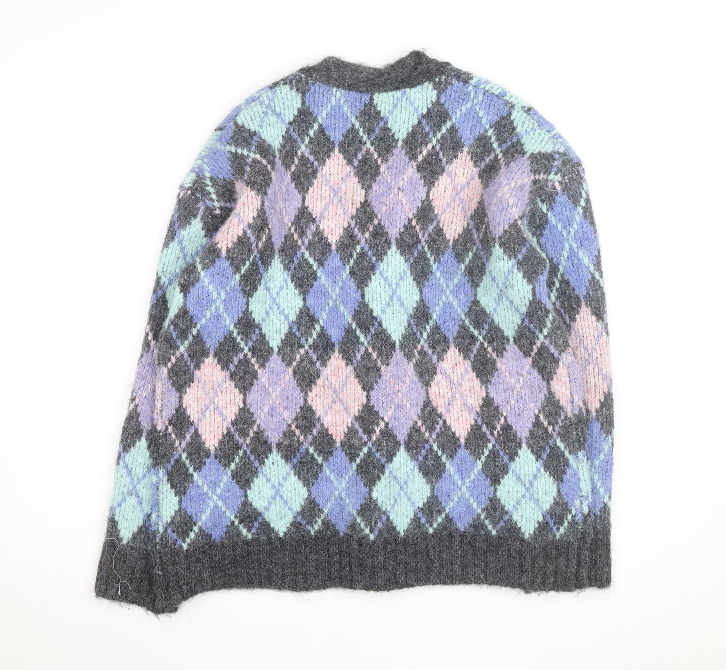 ZARA Womens Multicoloured Argyle Knit Cardigan Size S V-Neck Wool Blend