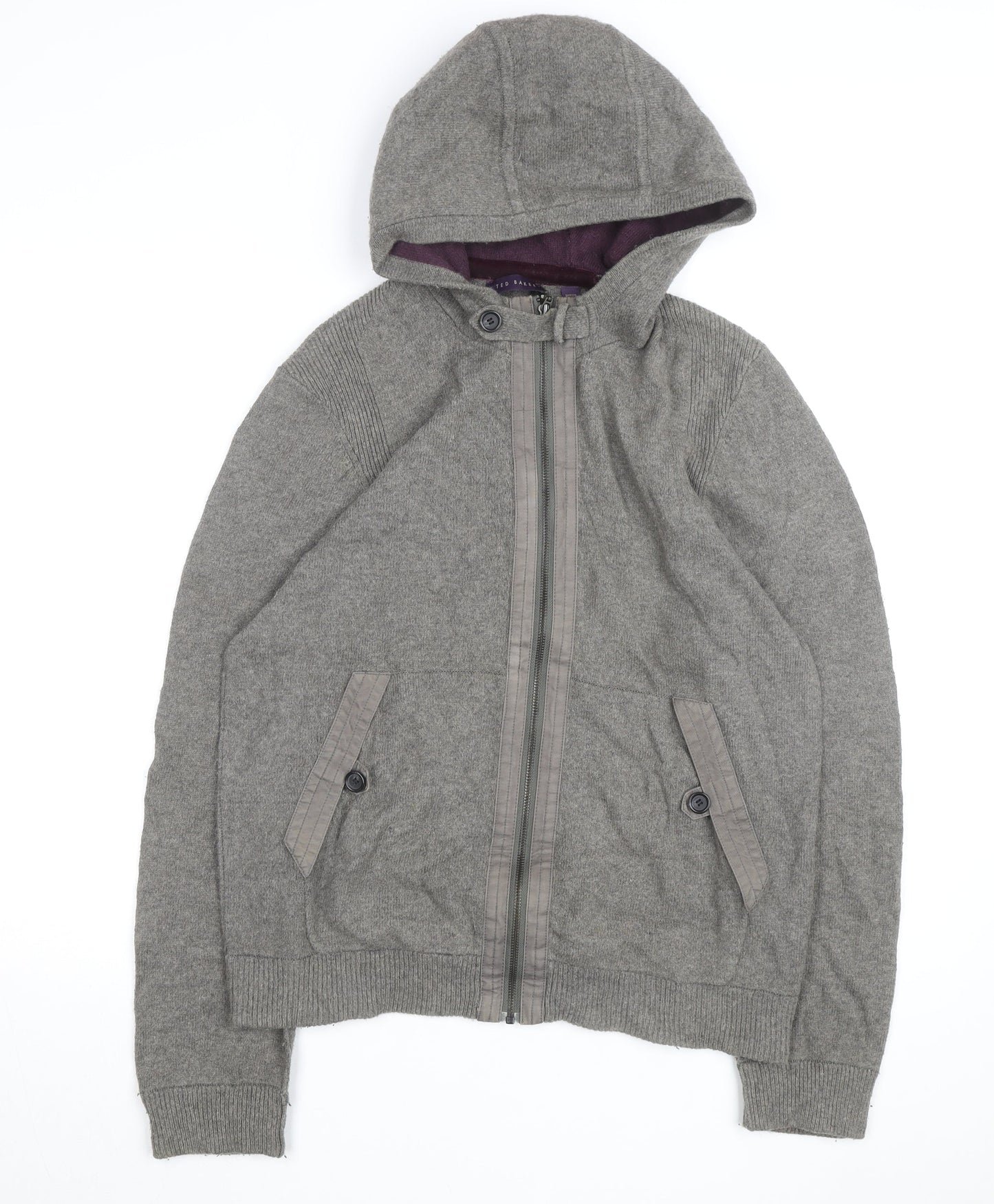 Ted Baker Women Grey Wool Blend Hooded Full Zip Jumper Size M