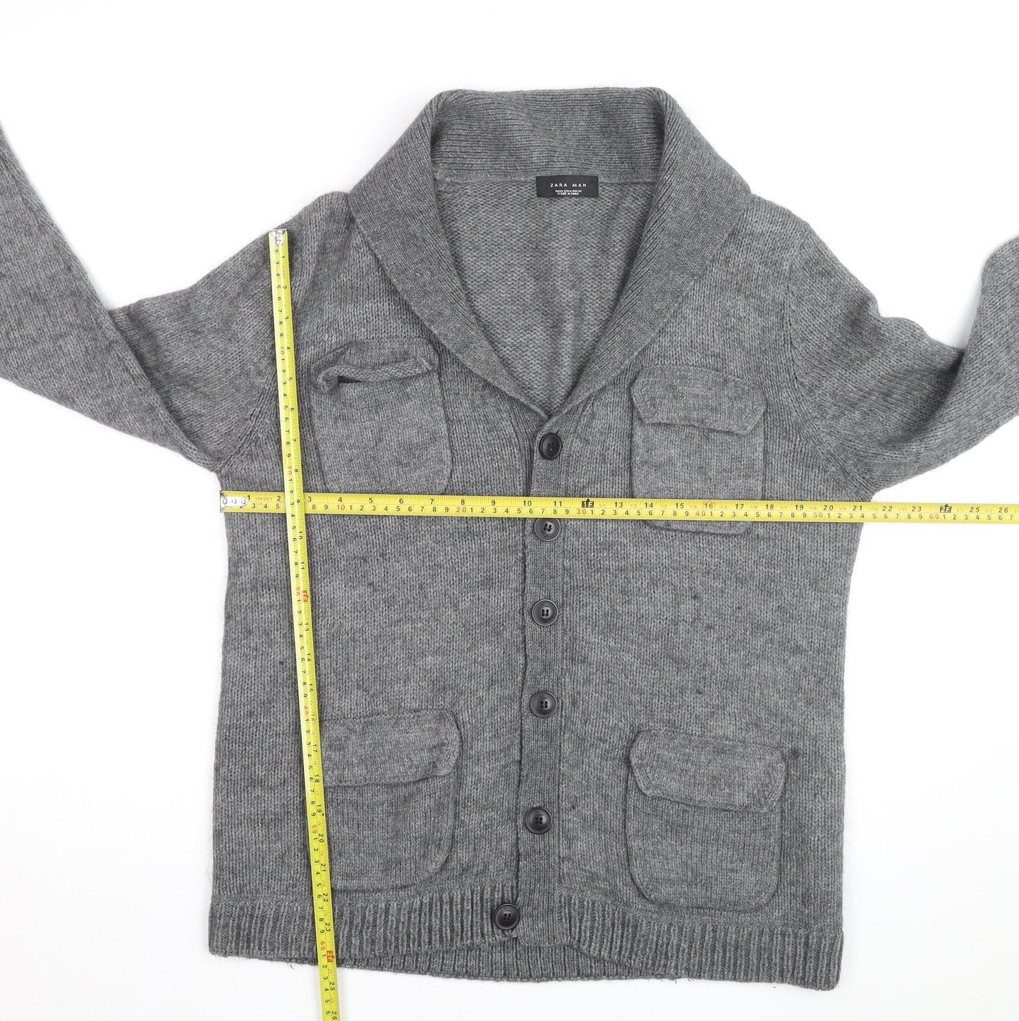 Zara Man Grey Wool Blend Collared Knit Cardigan XL Men's
