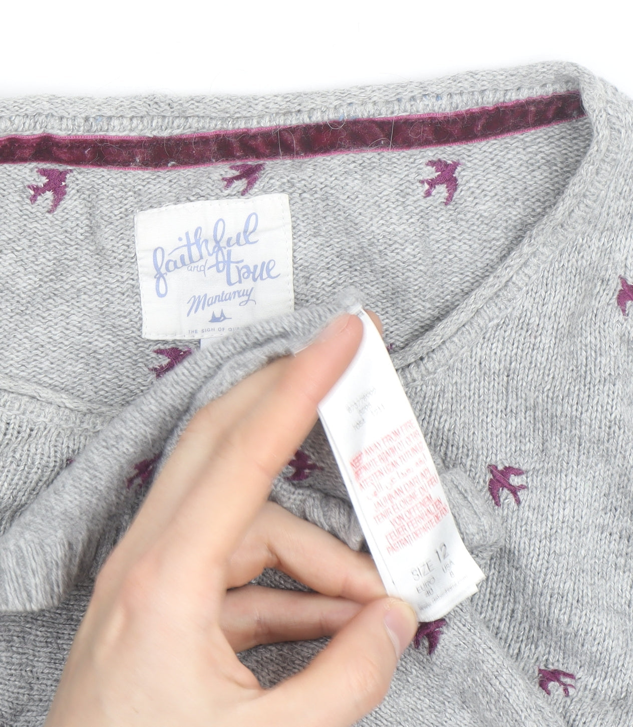 Mantaray Women’s Grey Bird Knit Jumper Size 12 Pullover
