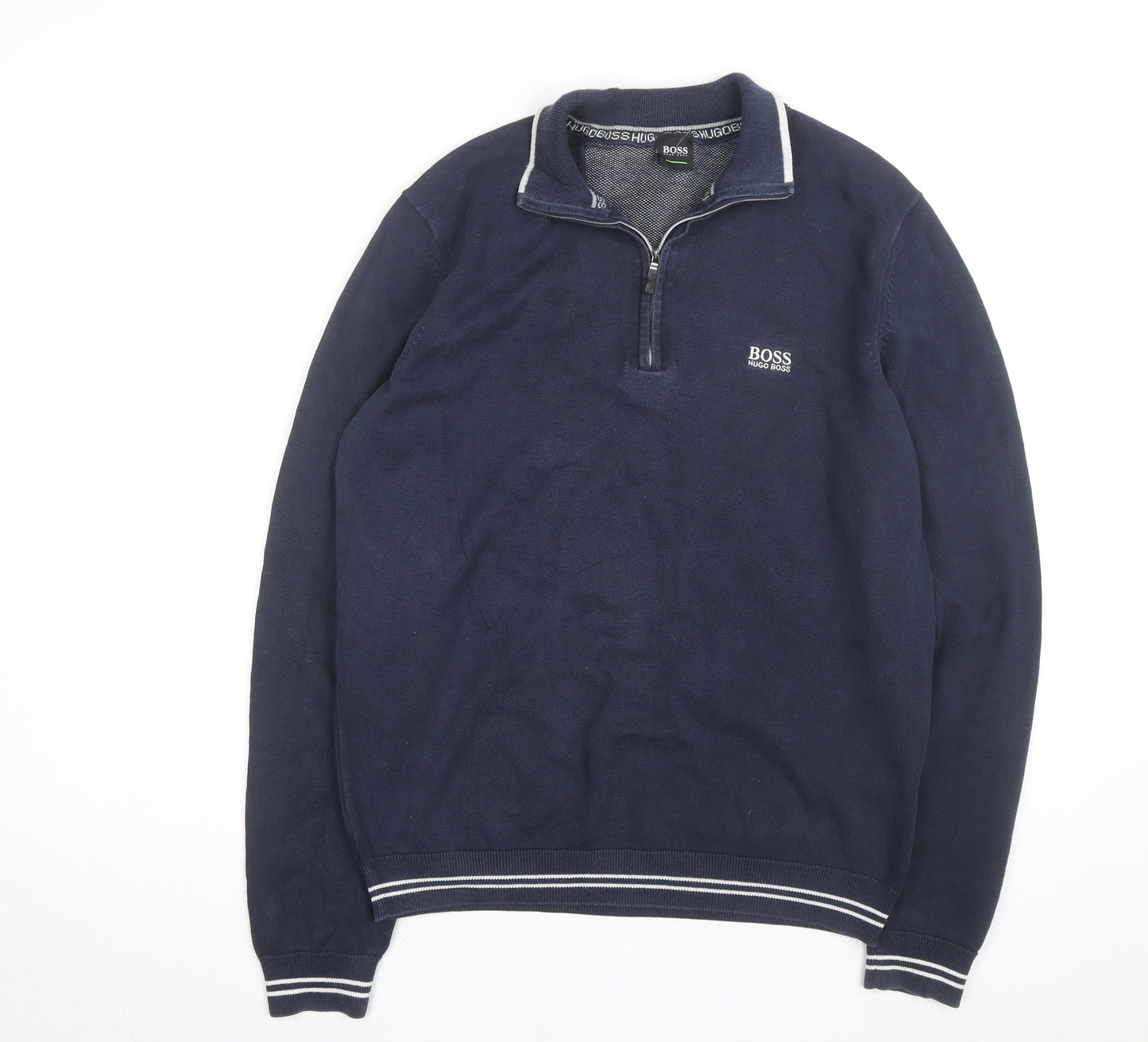 Hugo Boss Men's Blue Cotton 1/2 Zip Collared Jumper Size M