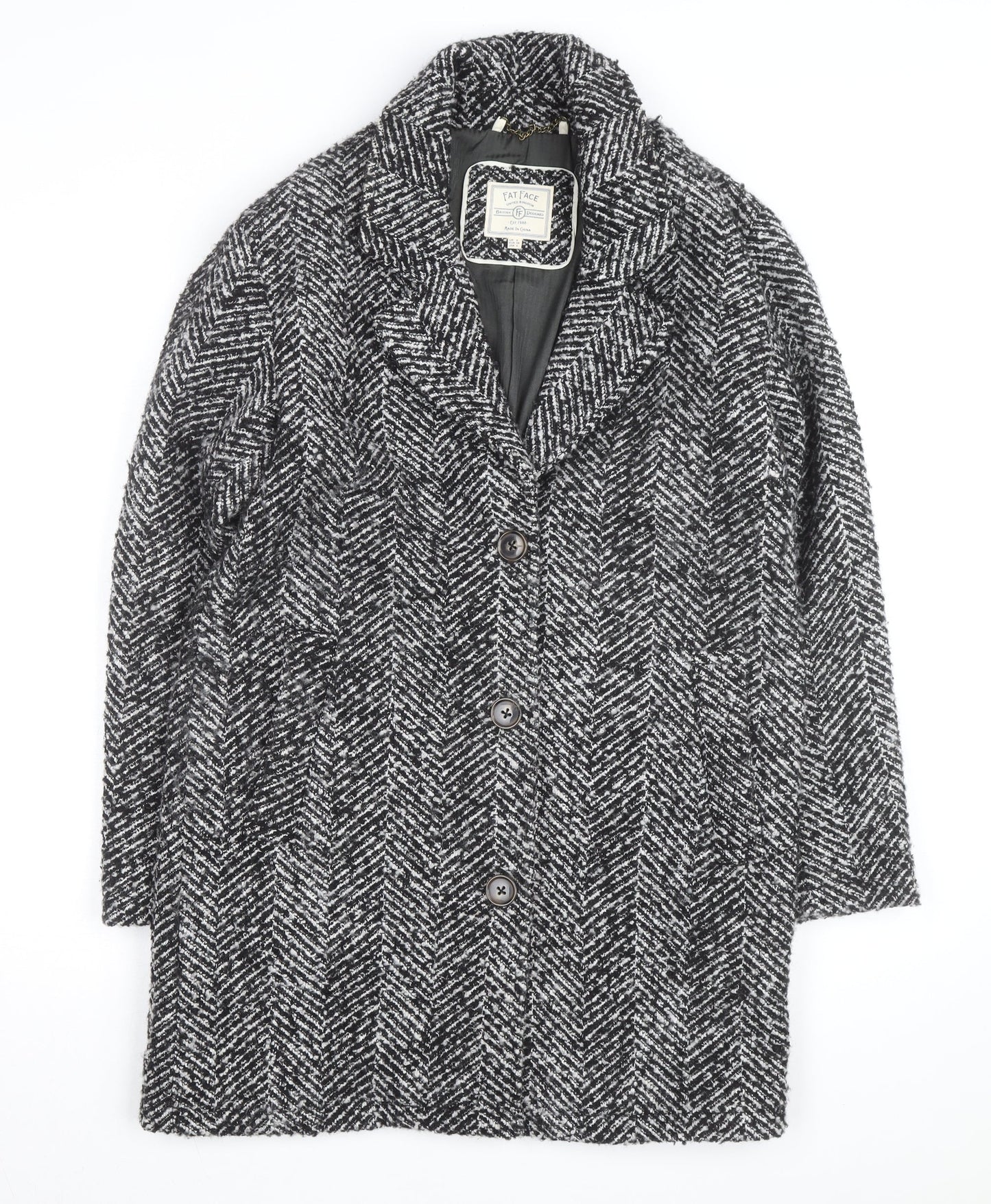 Fat Face Women’s Black Herringbone Wool Blend Mid-Length Coat Size 8