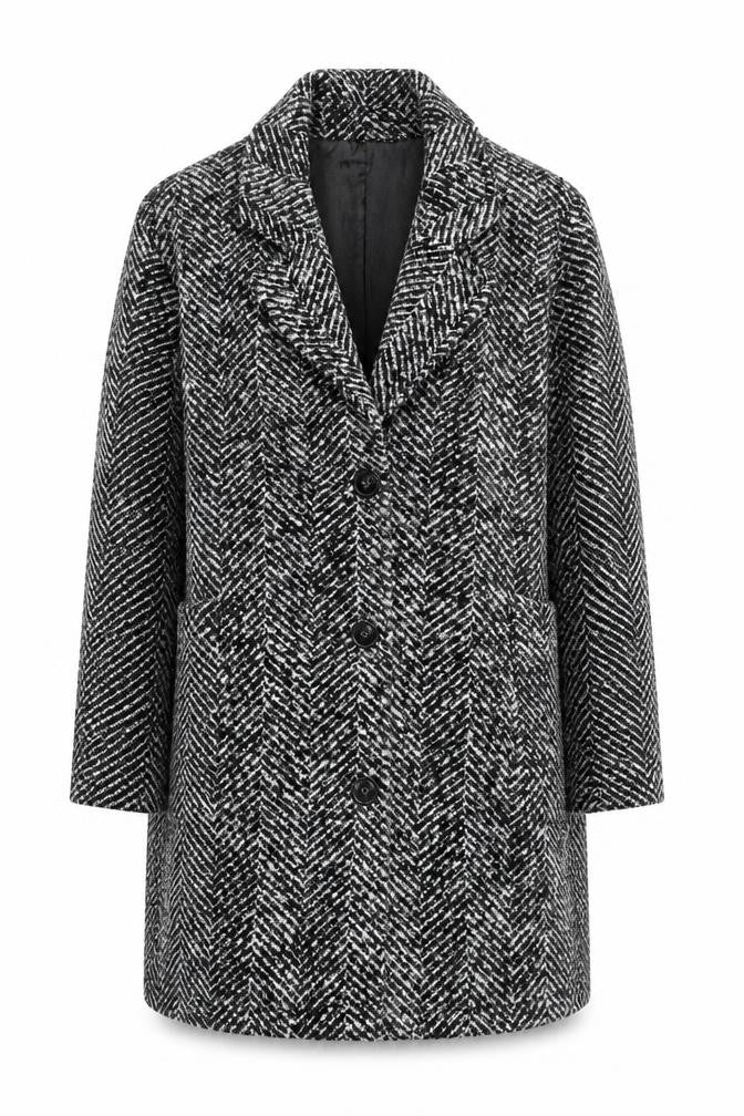 FatFace Women’s Black Herringbone Wool Blend Mid-Length Coat Size 8