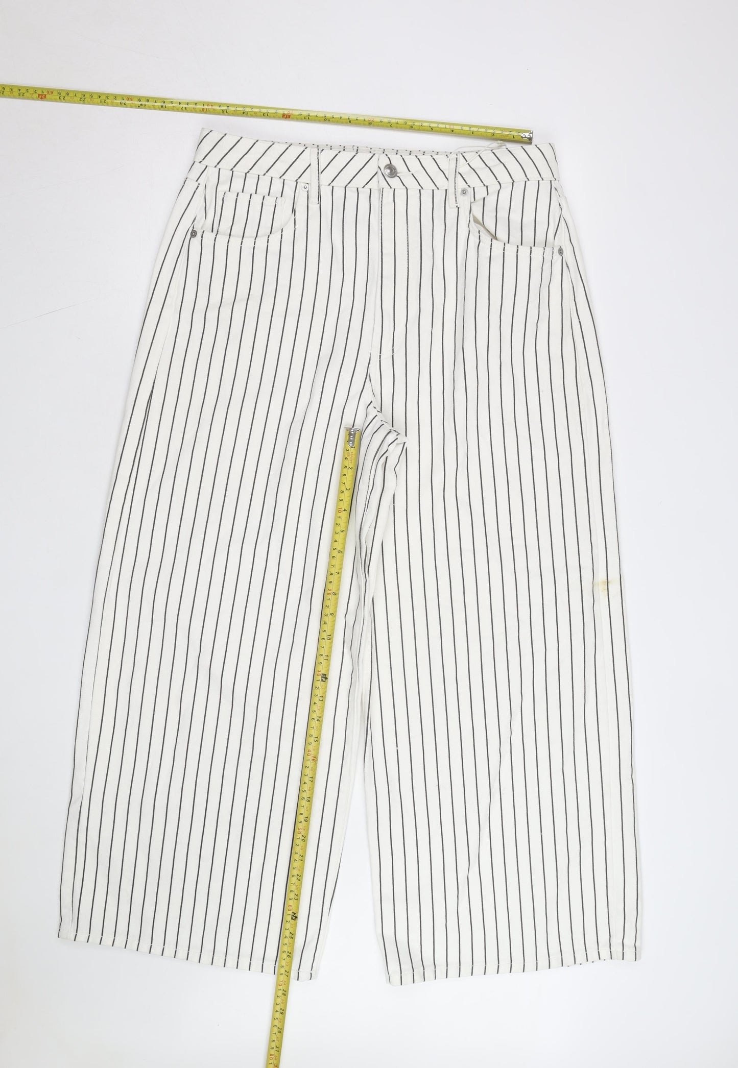 Marks and Spencer Women’s White Striped Wide-Leg Cotton Trousers Size 16