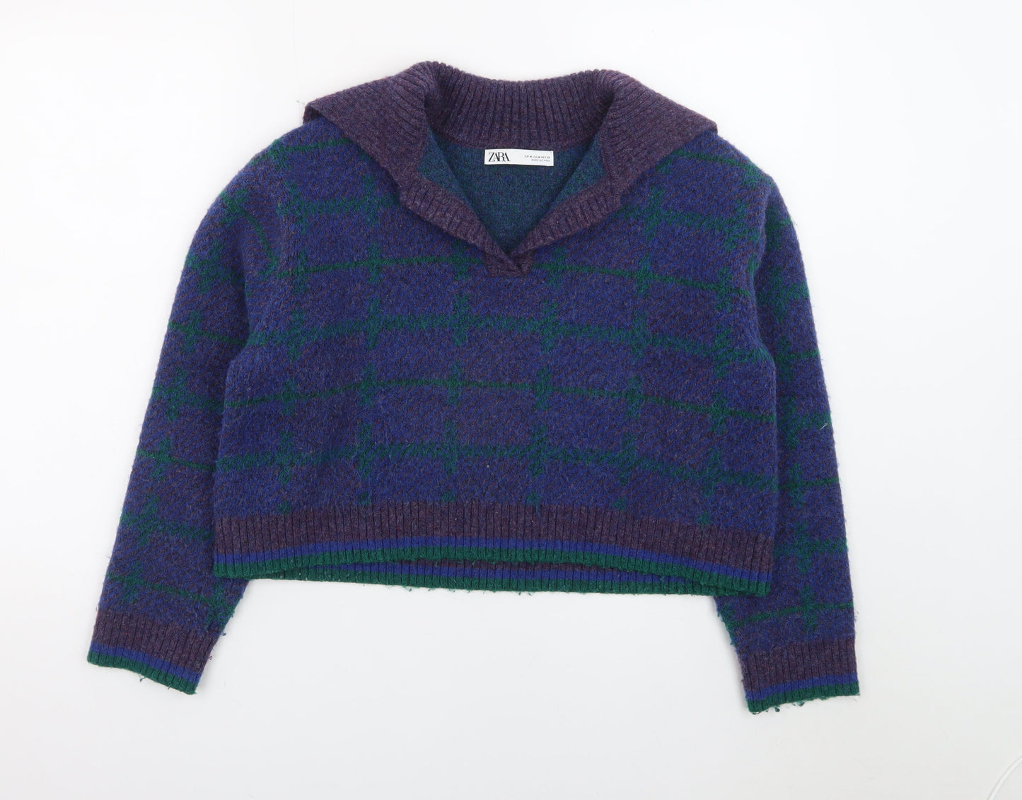 ZARA Women Purple Check Collared Wool Blend Chunky Pullover Jumper Size 12