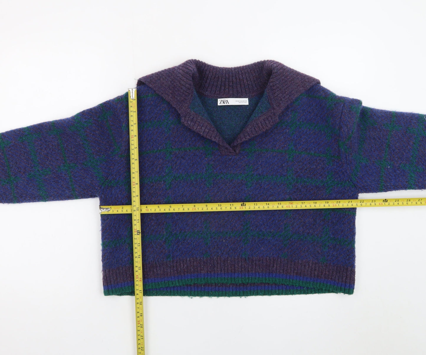 ZARA Women Purple Check Collared Wool Blend Chunky Pullover Jumper Size 12
