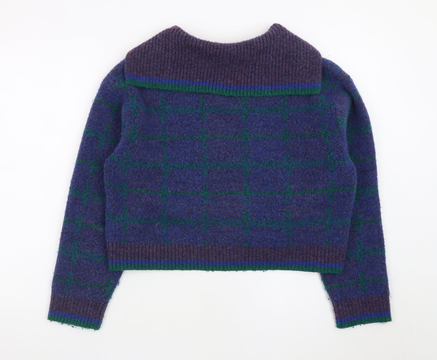 ZARA Women Purple Check Collared Wool Blend Chunky Pullover Jumper Size 12