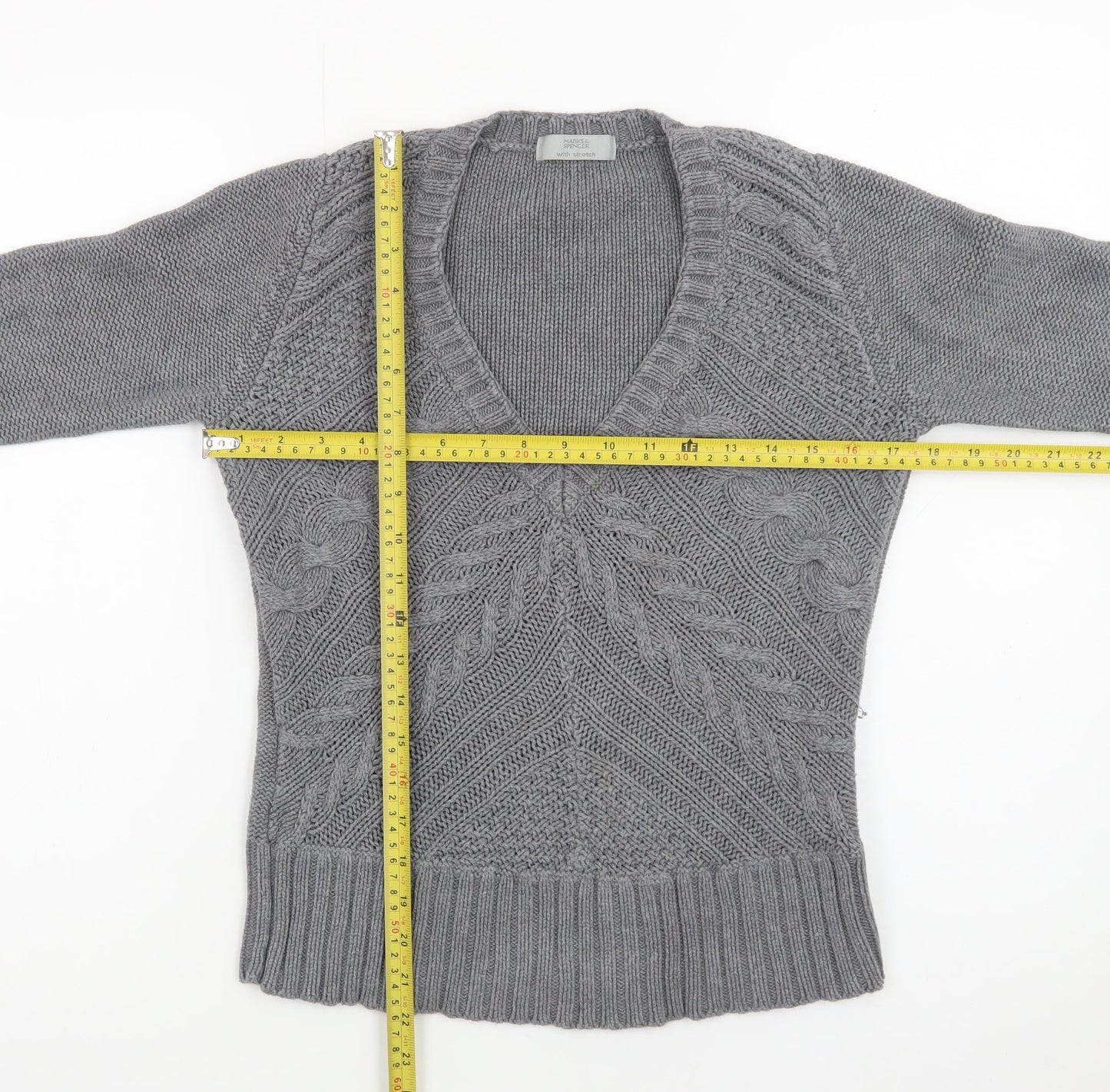 Marks and Spencer Women Grey Size 12 Cable-Knit V-Neck Jumper