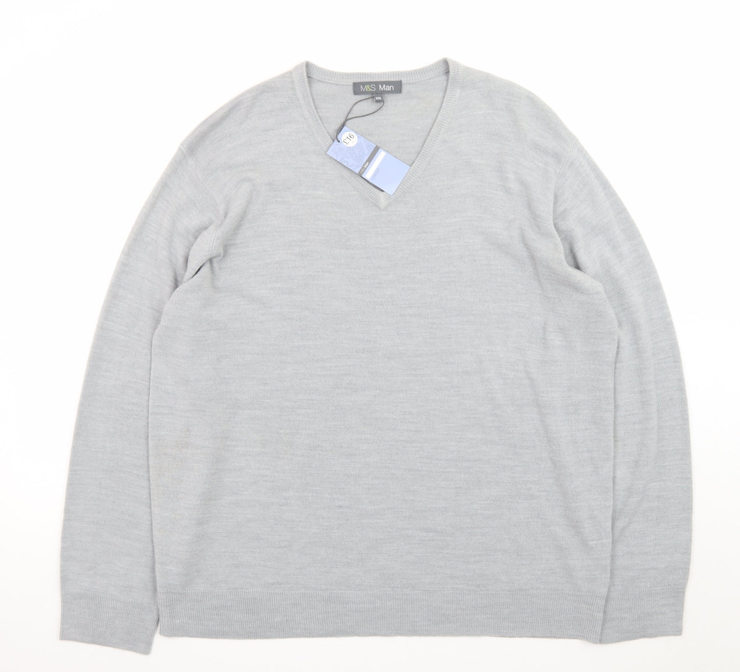 Marks and Spencer Men Grey 2XL Acrylic V-Neck Pullover Jumper