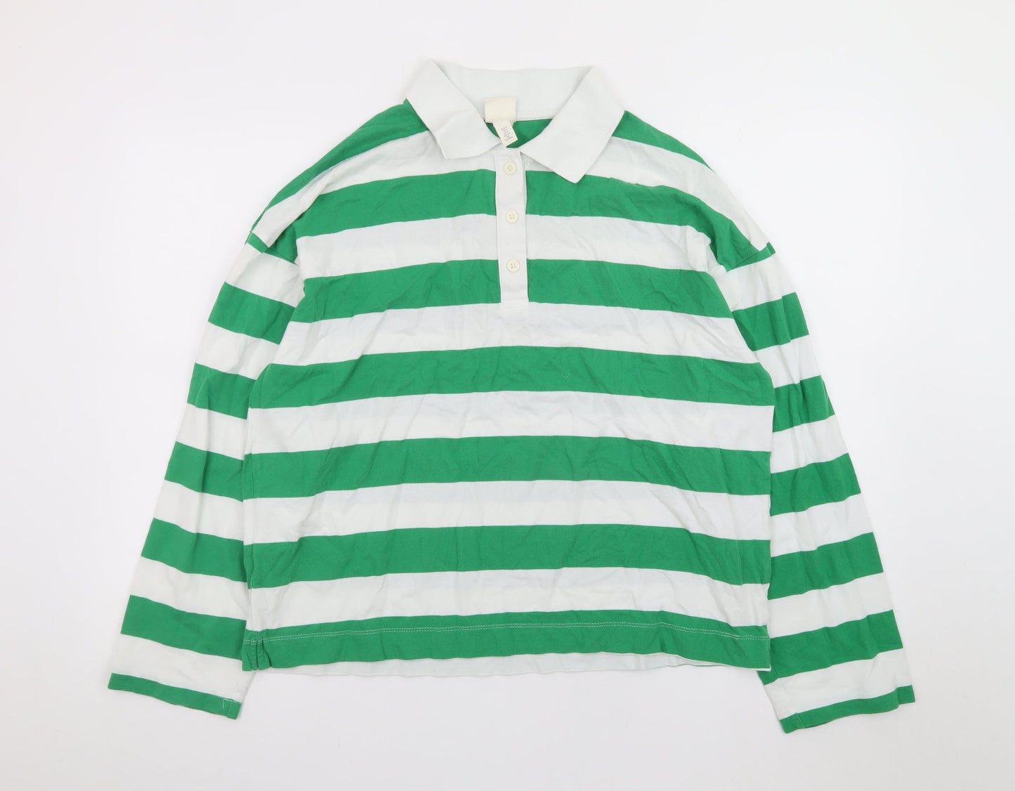 H&M Men's Green White Striped Long Sleeve Polo Shirt Size S