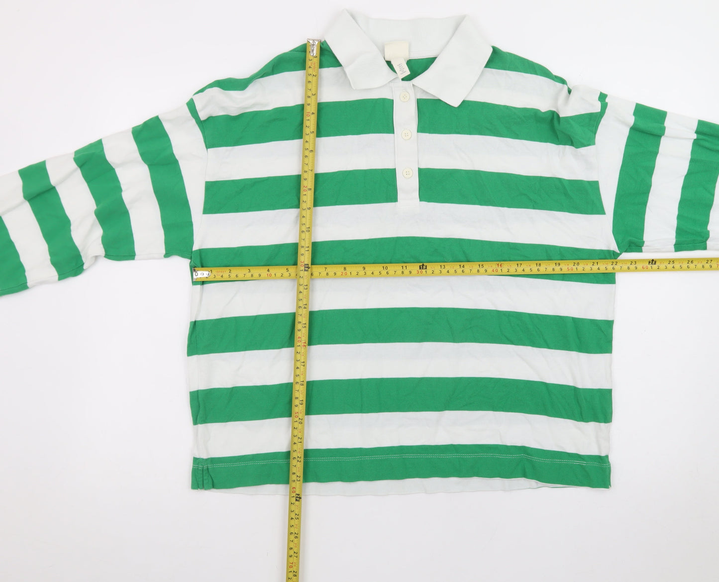 H&M Men's Green White Striped Long Sleeve Polo Shirt Size S