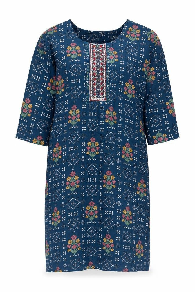 Front view of Color Women Blue Floral Embroidered Shift Dress XL