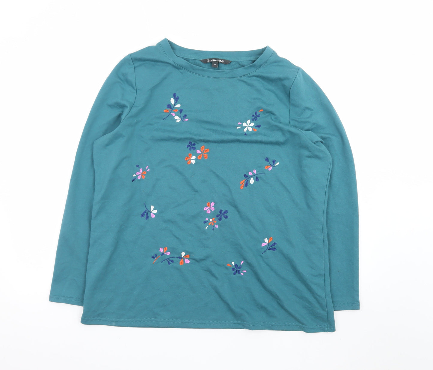 Bonmarché Women's Green Floral Embroidered Long Sleeve T-Shirt Size 16