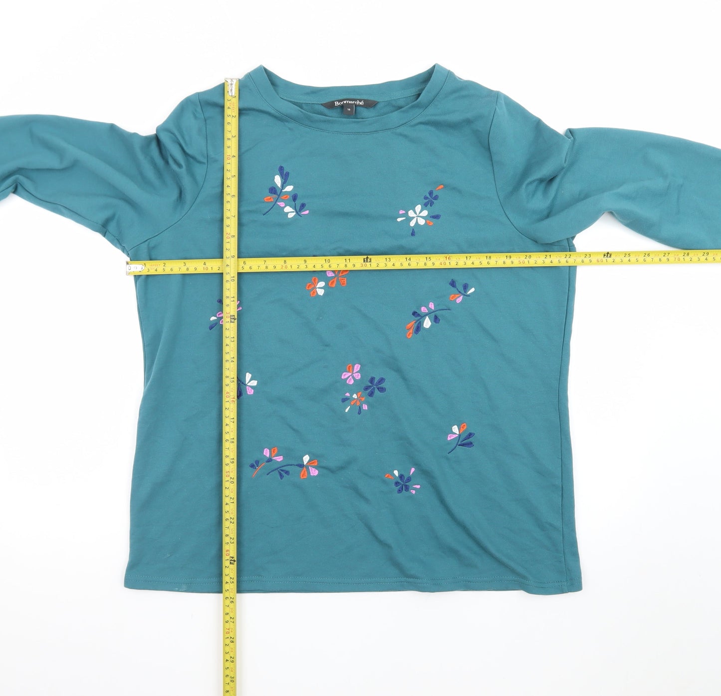 Bonmarché Women's Green Floral Embroidered Long Sleeve T-Shirt Size 16