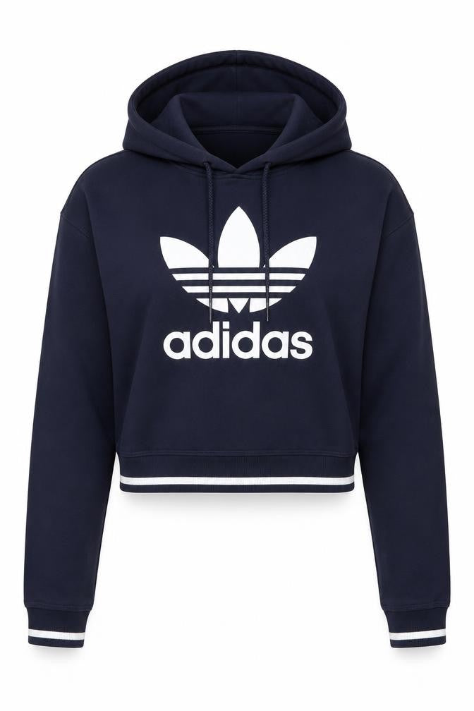 Front view of Adidas Women Navy Blue Cropped Pullover Hoodie UK 8 Logo Sportswear