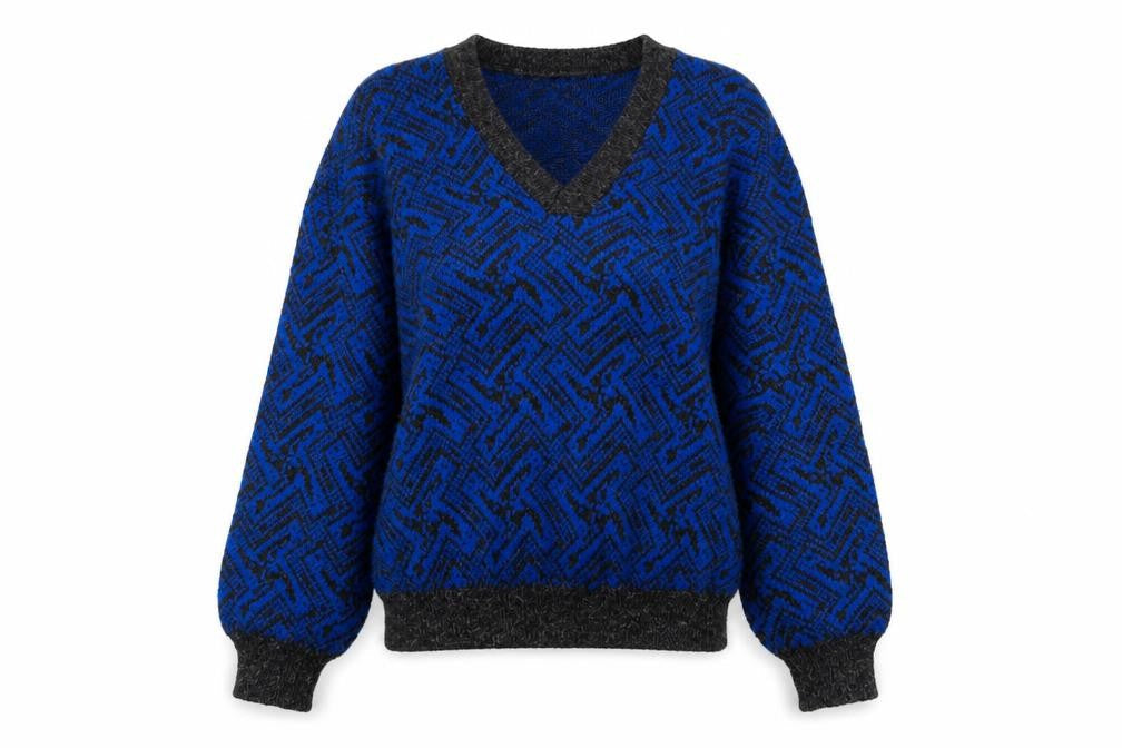 Sears Unisex Blue Geometric Wool Blend V-Neck Jumper M