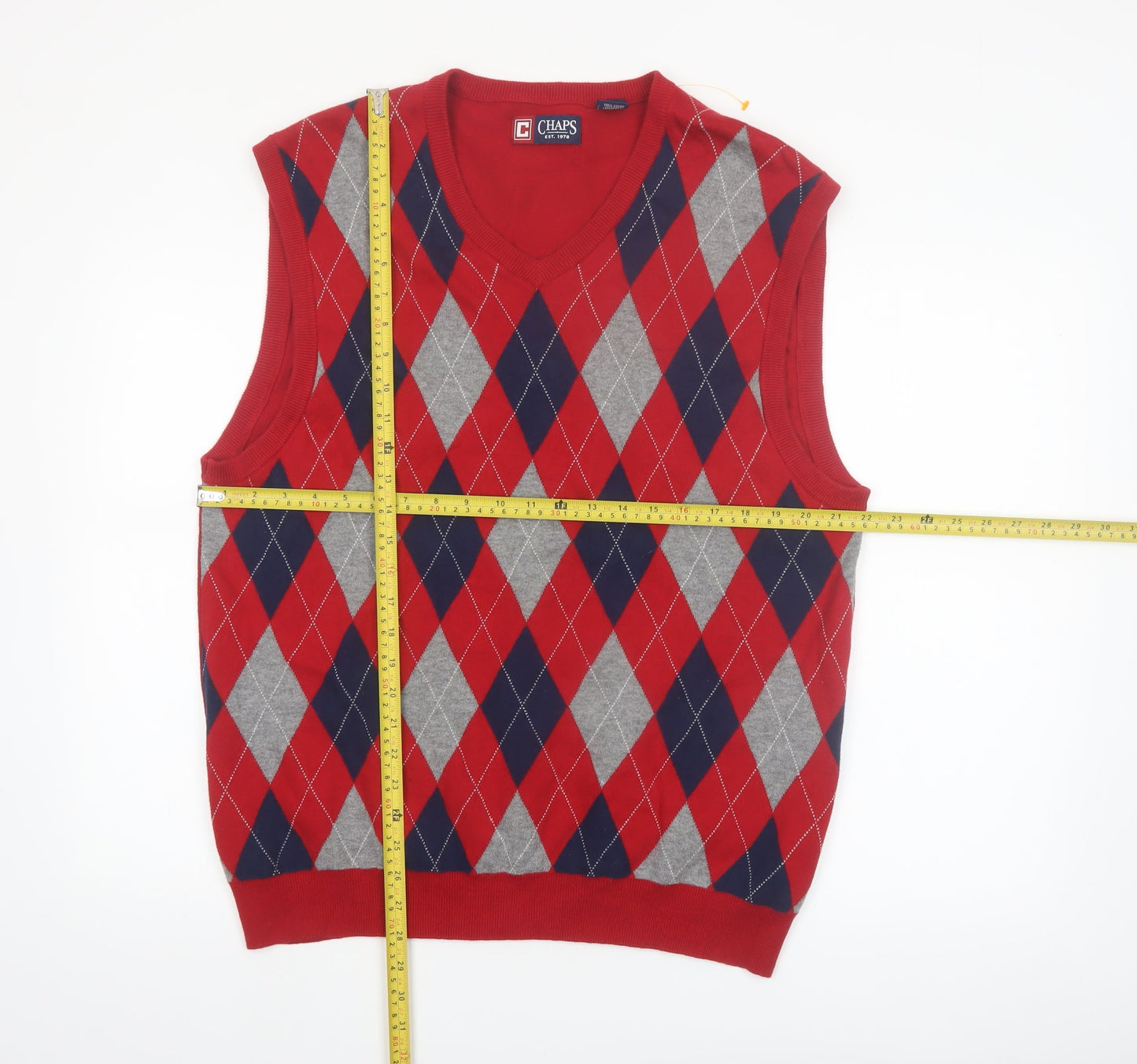 Chaps Men's Red Argyle Cotton Knit V-Neck Vest XL