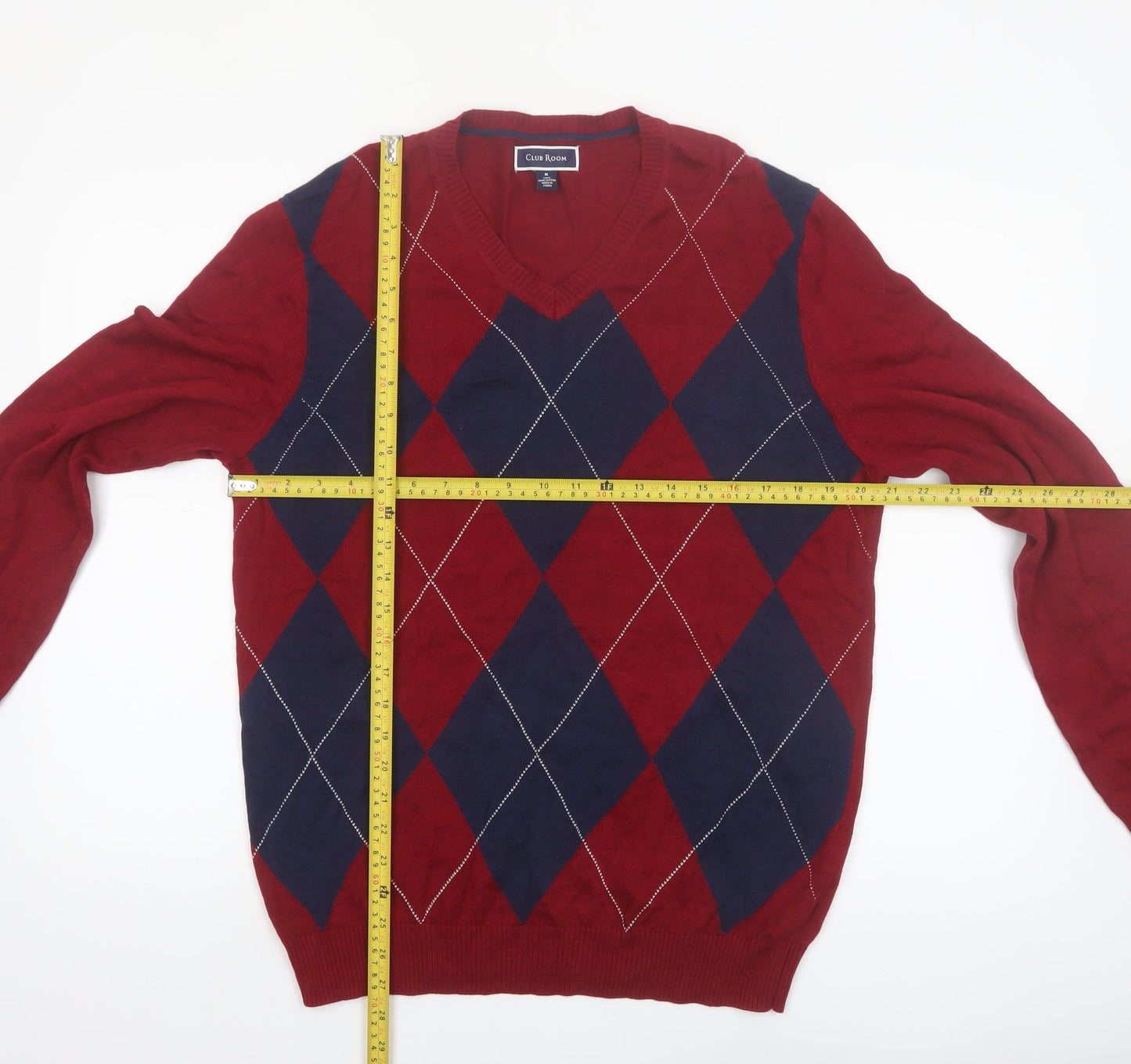 Club Room Men's Red Argyle V-Neck Cotton Jumper Size M
