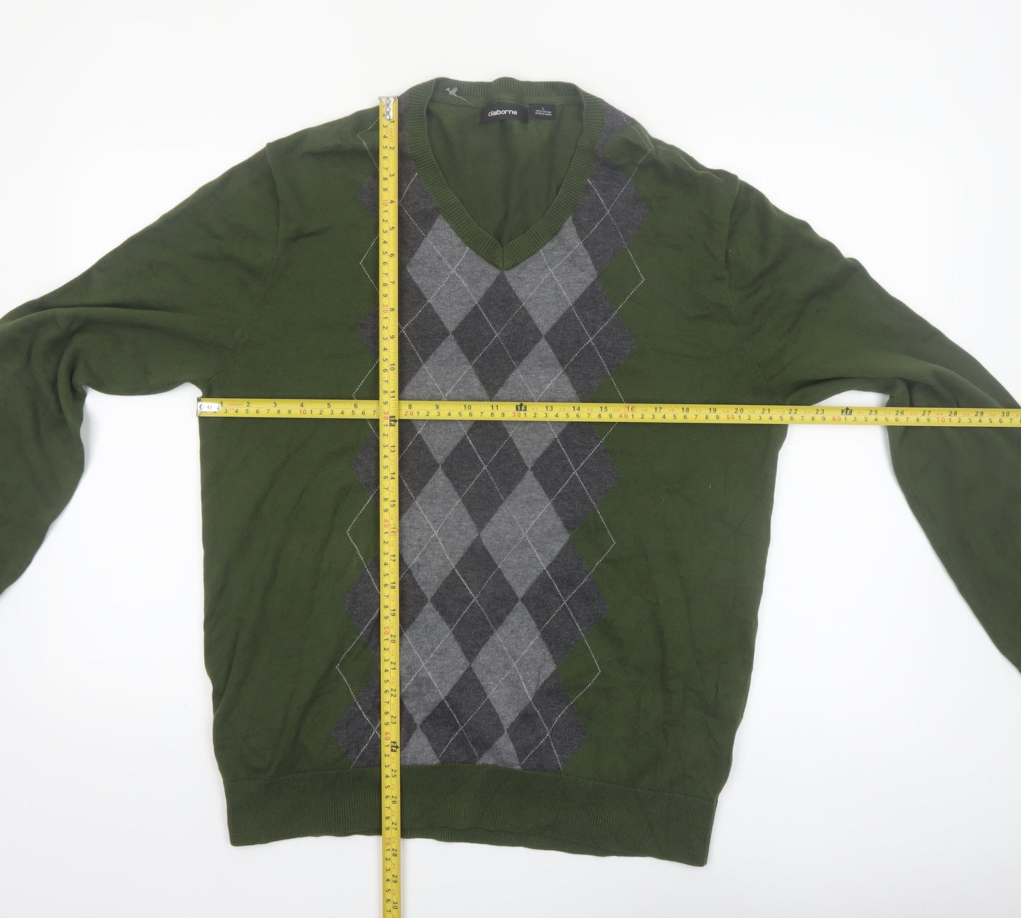 Claiborne Men's Green Argyle Cotton V-Neck Jumper Size L