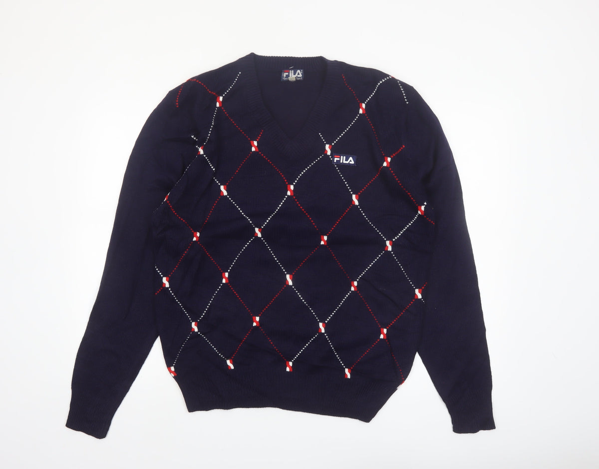 Back view of FILA Men's Blue Argyle V-Neck Jumper XL Knit Pullover Sweater