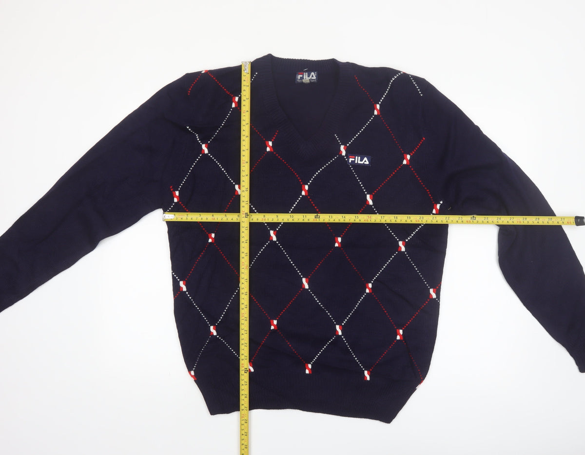 Close-up detail of FILA Men's Blue Argyle V-Neck Jumper XL Knit Pullover Sweater
