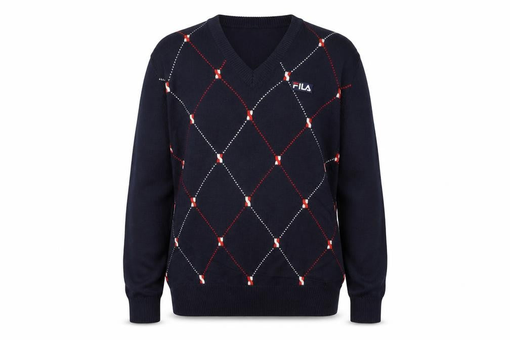Front view of FILA Men's Blue Argyle V-Neck Jumper XL Knit Pullover Sweater