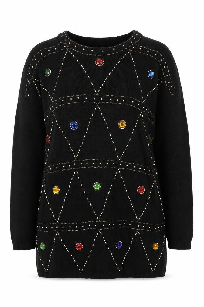 Front view of Victoria Jones Woman Black Jewel Embellished Knit Jumper XL