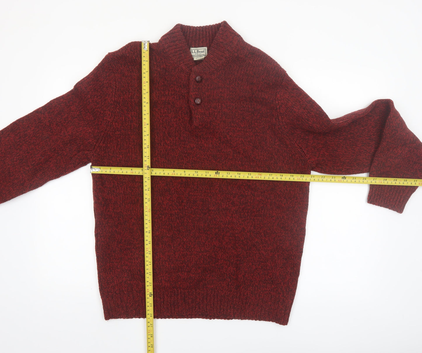 L.L.Bean Men's Red Wool Henley Jumper M Regular Lambswool Classic Knit