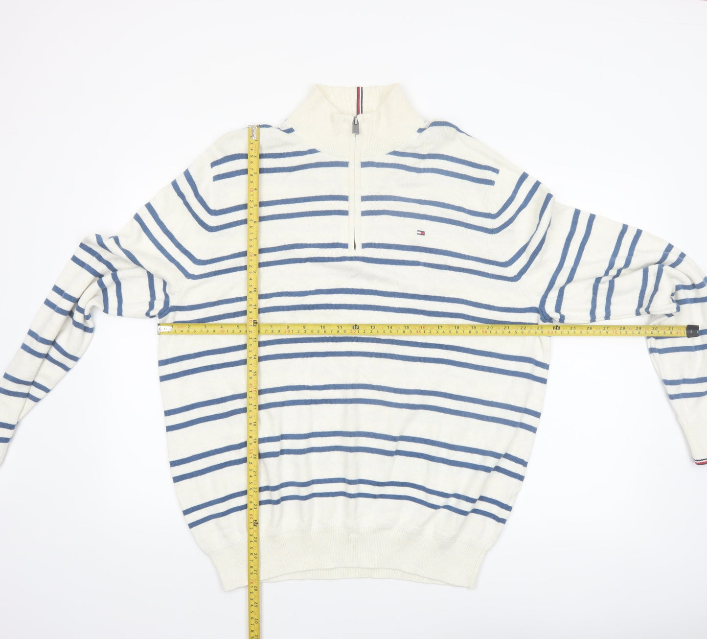 Tommy Hilfiger Men’s White Blue Striped Cotton 1/2 Zip Jumper XL