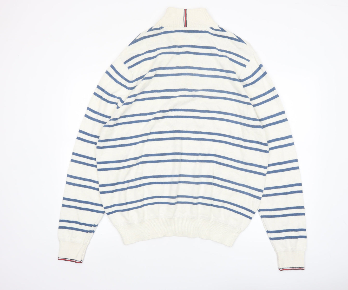 Tommy Hilfiger Men’s White Blue Striped Cotton 1/2 Zip Jumper XL