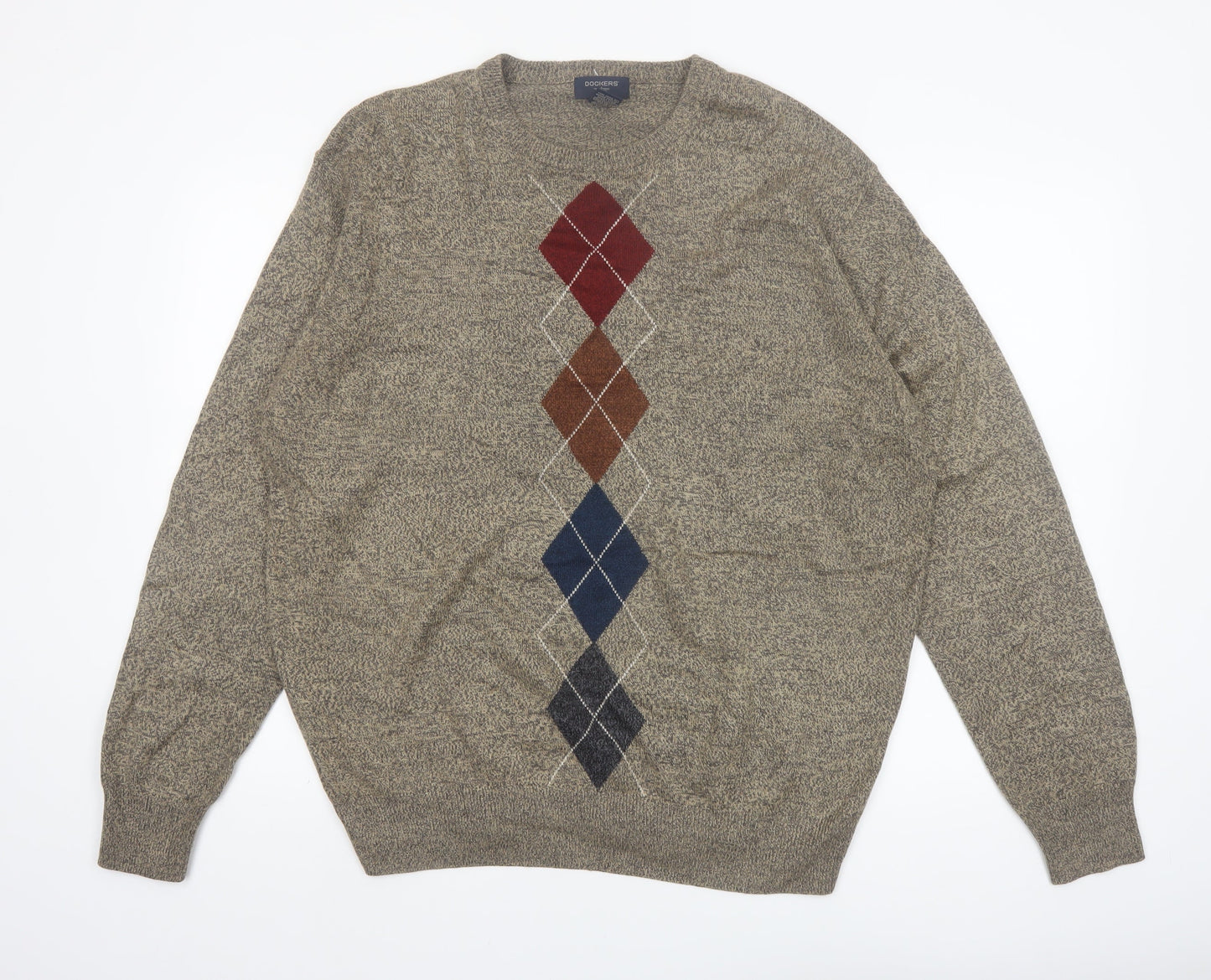 Dockers Men's Beige Argyle Knit Crew Neck Pullover Jumper Size L
