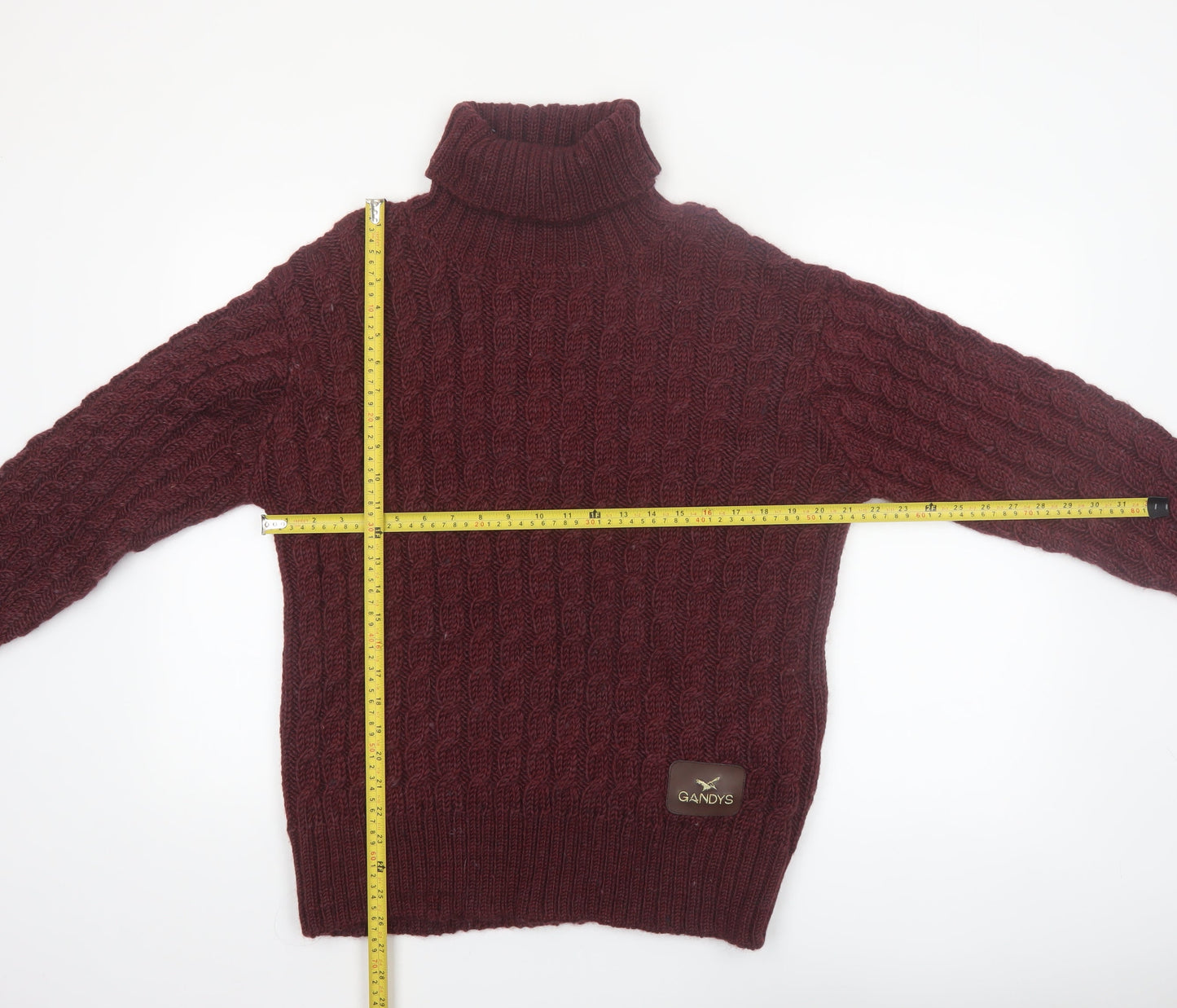 Gandys Men's Red Wool Blend Cable Knit Roll Neck Jumper L