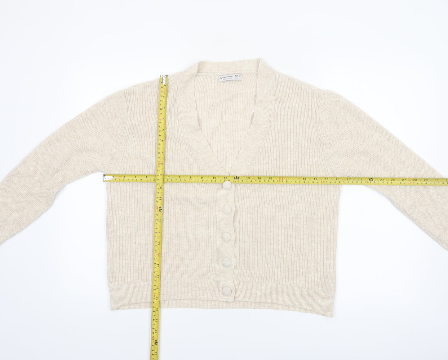 Stradivarius Women Beige Knit V-Neck Cardigan Size 8