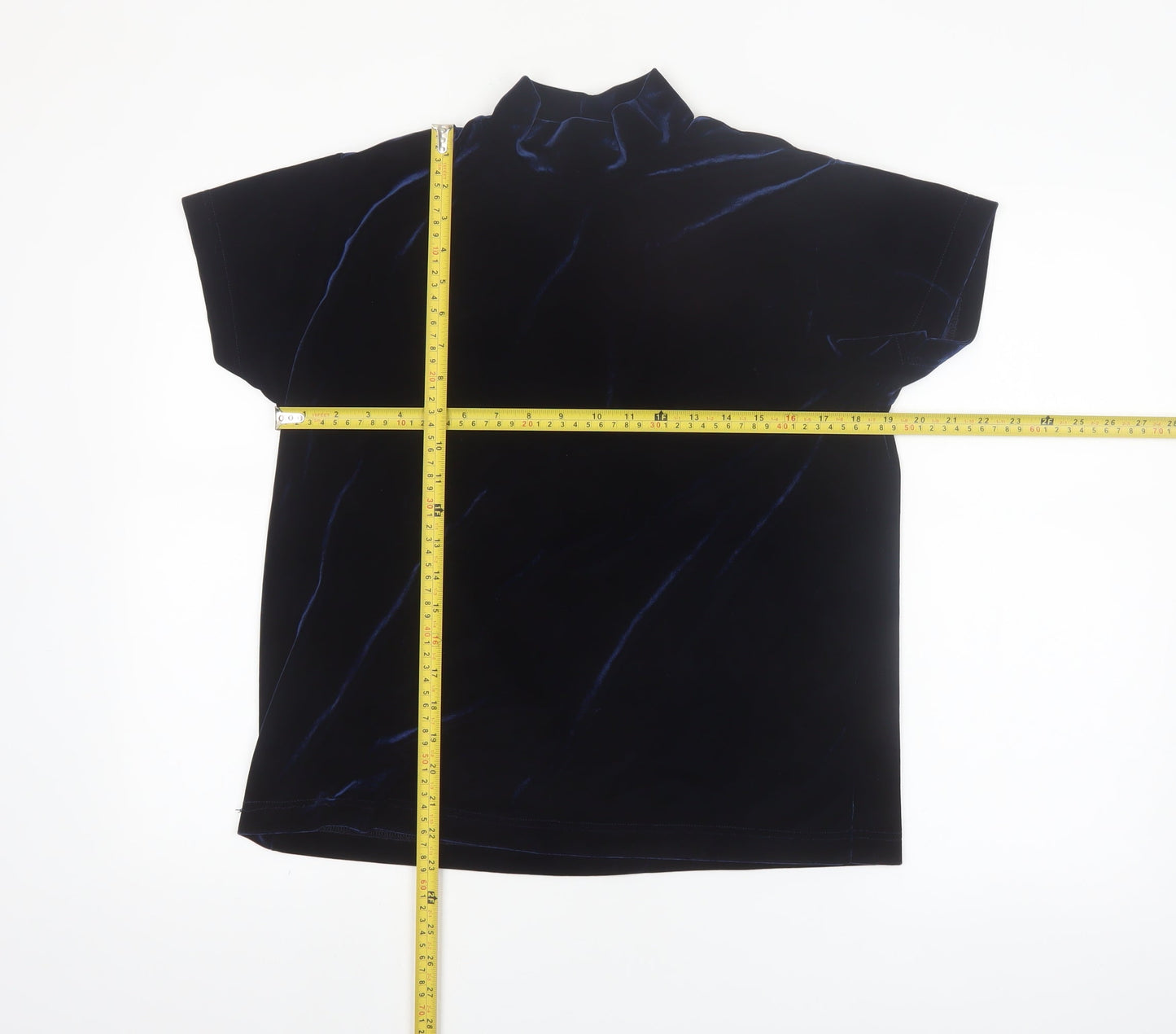 Principles Women Blue Velvet Mock Neck Short Sleeve Blouse Size L