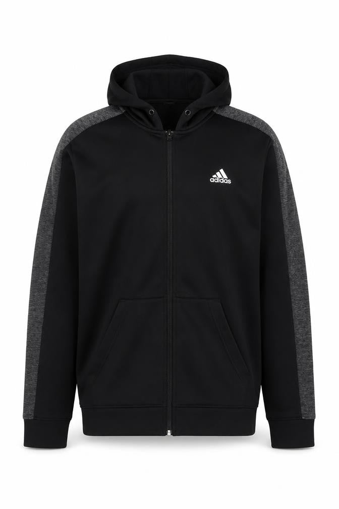 Front view of Adidas Men’s Black Full Zip Hoodie, size M, Regular Fit Sportswear