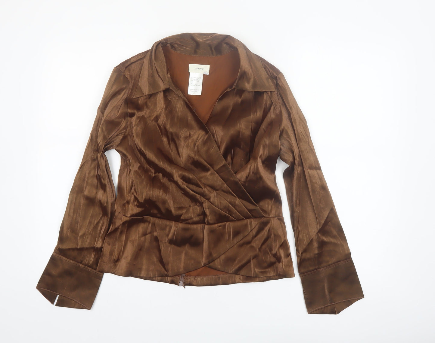 Laura Women’s Brown Satin Wrap Blouse Long Sleeve Size S