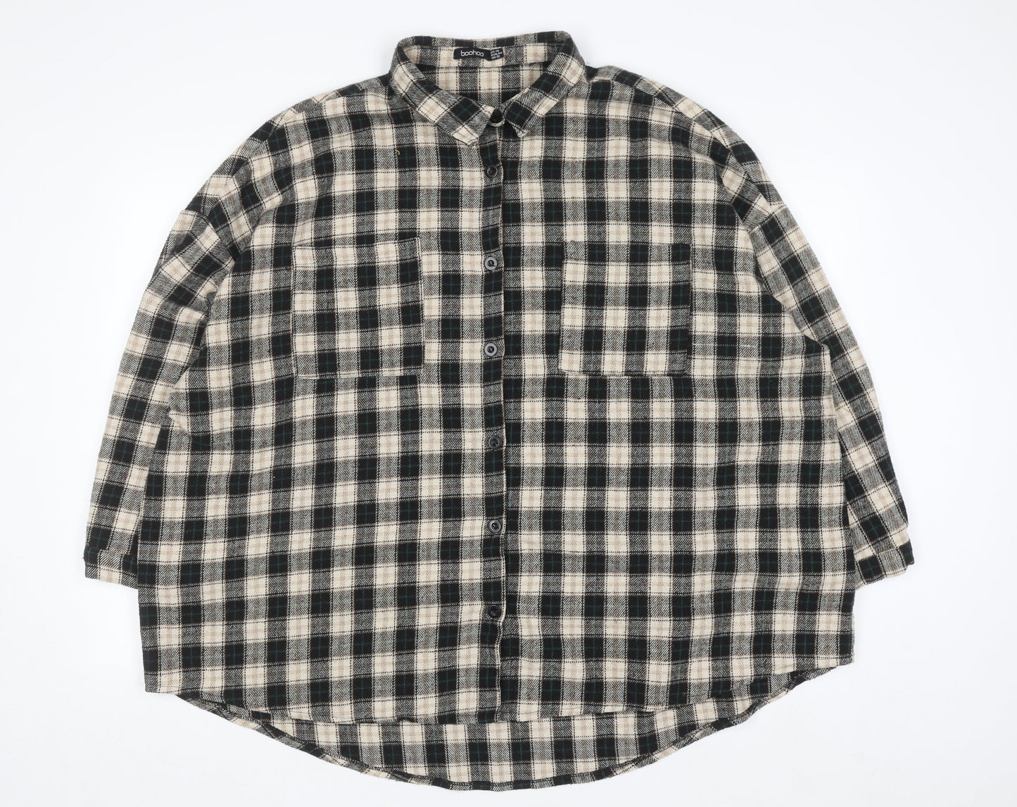 Boohoo Womens Beige Check Flannel Button-Up Shirt Size 16