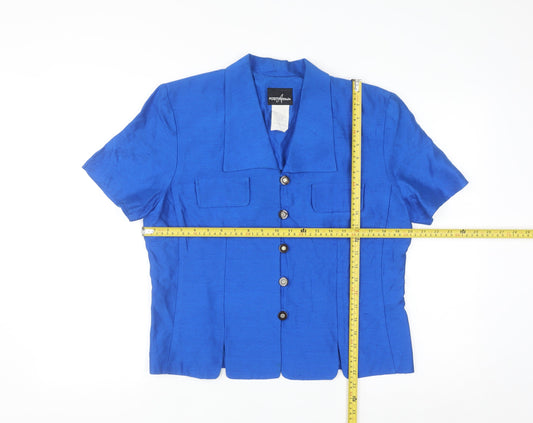 Positive Attitude Women's Blue Silk Collared Short Sleeve Blouse Size 12