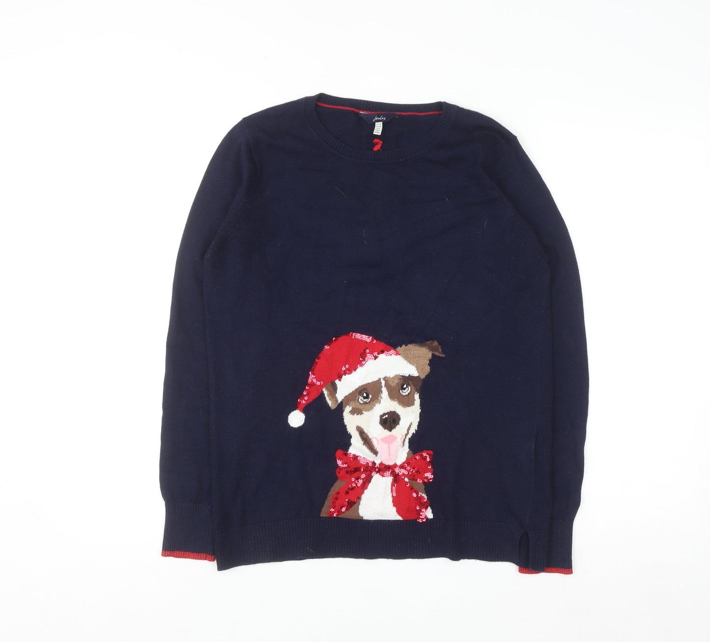 Joules Womens Blue Christmas Dog Sequin Jumper Size 10