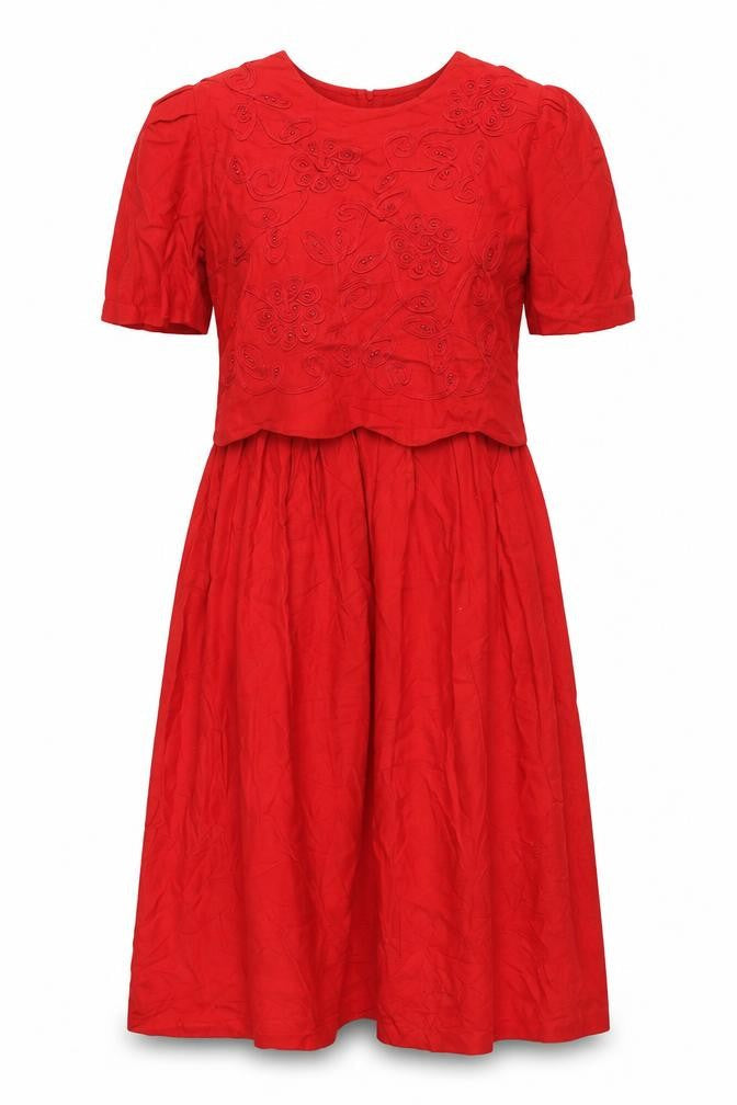 Karin Stevens Women Red Size 8 Fit & Flare Midi Dress Vintage Embroidered
