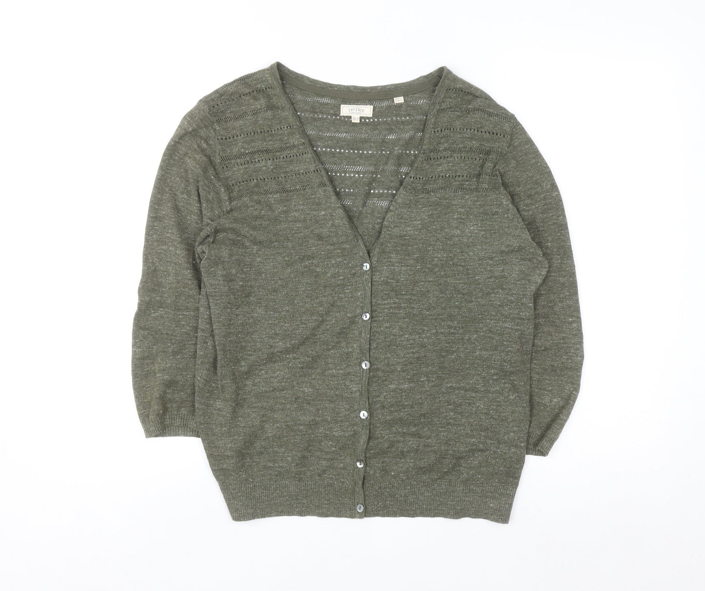 Fat Face Womens Green Cotton V-Neck 3/4 Sleeve Cardigan Size 12