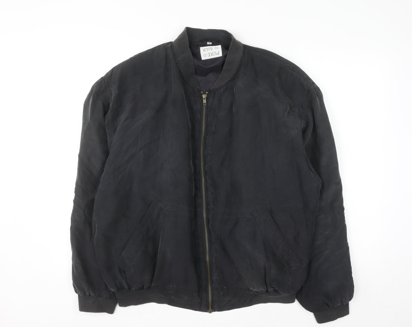 Pure Silk Men's Black Bomber Jacket Size M Full Zip Casual