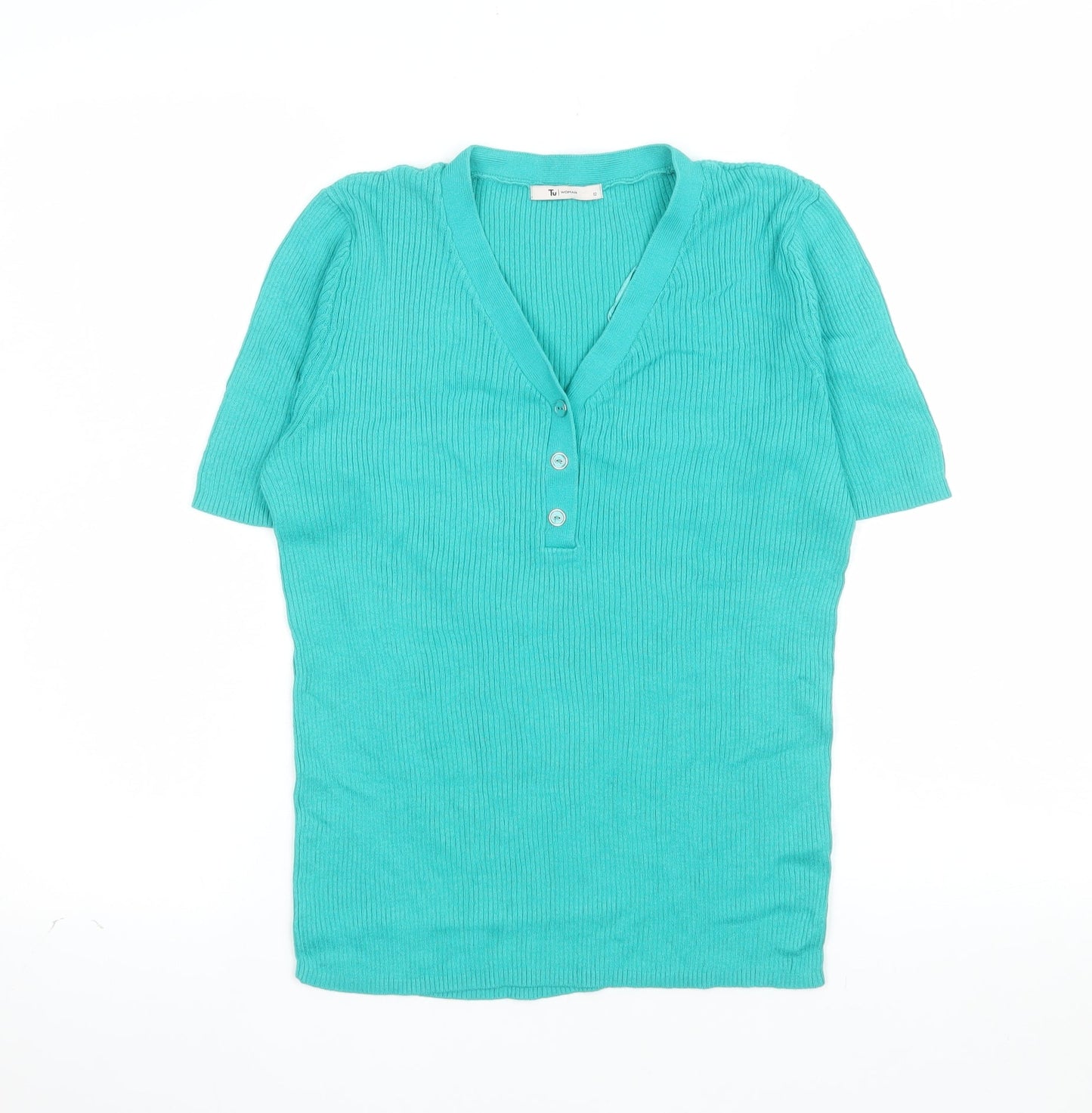 Tu Women Green Size 12 Cotton V-Neck Henley Short Sleeve Jumper